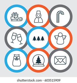 Set Of 9 Christmas Icons. Includes Archangel, Lollipop, Toboggan And Other Symbols. Beautiful Design Elements.