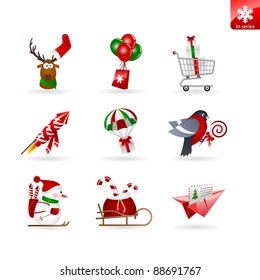 Set of 9 christmas icons on delivery, shopping and transportation. Various christmas objects and characters.