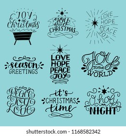 Set of 9 Christmas inscriptions with lettering O holy night. Joy, hope, love, peace. Season greetings. Card. Winter. Scrap booking