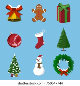 Set of 9 Christmas, XMas icon. Cartoon style. Vector Illustration for Christmas day