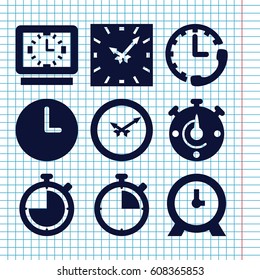 Set of 9 chronometer filled icons such as clock, wall clock