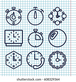 Set of 9 chronometer outline icons such as wall clock, clock