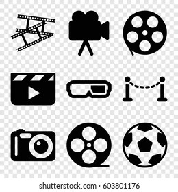 Set of 9 cinema filled icons such as fence, movie tape, camera, camera tape, clapper board