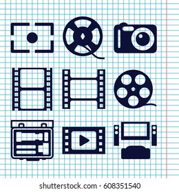Set of 9 cinema filled icons such as movie tape, film tape, camera, camera focus, TV system