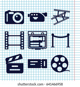Set of 9 cinema filled icons such as ticket, red carpet barrier, movie clapper, camera, camera tape