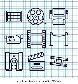 Set of 9 cinema outline icons such as fence, Red carpet barrier, movie clapper, camera, camera tape, movie tape