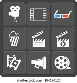Set of 9 cinema vector web and mobile icons in flat design. Symbols of loudspeaker, clapboard, camera, 3d glasses, reel, ticket, popcorn.