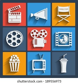 Set of 9 cinema vector web and mobile icons in flat design. Symbols of loudspeaker, clapboard, camera, reel, popcorn, frame.