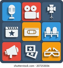 Set of 9 cinema vector web and mobile icons in flat design. Camera, videotape, chairs, microphone, lightbox, clapper, speaker, tickets, 3d glasses
