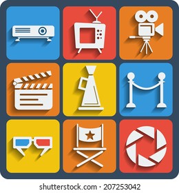 Set of 9 cinema vector web and mobile icons in flat design. Projector, tv, movie camera, loudspeaker, rope barrier, 3d glasses, director's folding chair, diaphragm