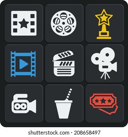 Set of 9 cinema vector web and mobile icons in flat design. Camera, clapper, reel, frame, award, star, drink, play, premiere tickets