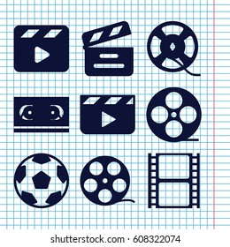 Set of 9 cinematography filled icons such as movie clapper, movie tape, film tape, clapper board
