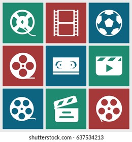 set of 9 cinematography filled icons such as movie clapper, movie tape, film tape, clapper board
