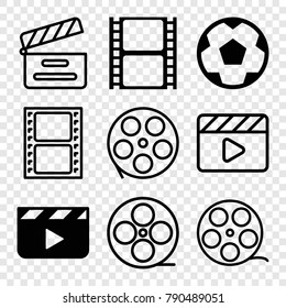 Set of 9 cinematography filled and outline icons such as clapper board, movie tape, camera tape