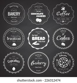 Set of 9 circle bakery labels on the chalkboard background