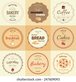 Set of 9 circle bakery labels, warm colors