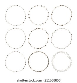 Set of 9 circle cute hand drawn frames on the white background