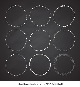 Set of 9 circle cute hand drawn frames on the chalkboard background