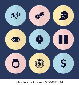 Set of 9 circle filled icons such as disc on fire, ring, wrist watch, dollar, dice, vomiting emot, eye, pause