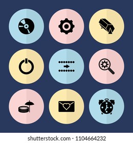 Set of 9 circle filled icons such as love letter, cd, switch off, inflatable pool and umbrella, gear    sign symb, alarm, arrow, lottery