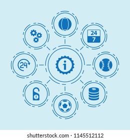 Set of 9 circle filled icons such as gear, 24 hours, football, ball, coins, baseball, information