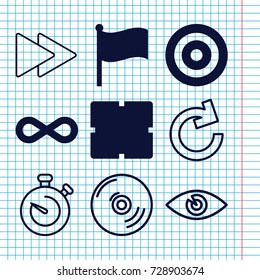 Set of 9 circle filled and outline icons such as clock, eternity, flag, target, eye, fast forward, stopwatch, cd