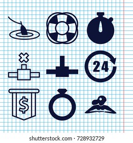 Set of 9 circle filled and outline icons such as woman in spa, fan, 24 hours, fishing, ring, network connection, stopwatch