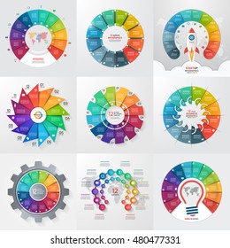 Conjunto de 9 modelos infográficos círculo com 12 opções, etapas, peças, processos. Conceito de negócios para gráficos, gráficos, diagramas. Ilustração vetorial.