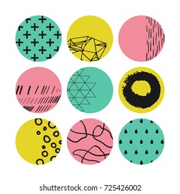 Set of 9 circle stickers in modern graphic style. Trendy color palette. Designed for BuJo (bullet journal), planners, diaries, calendars, card templates, posters, flyers and other paper design.