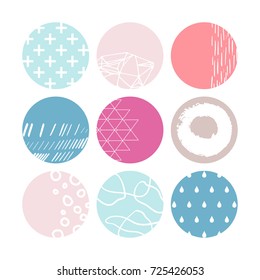 Set of 9 circle stickers in modern graphic style with pastel palette. Designed for BuJo (bullet journal), planners, diaries, calendars, card templates, posters, flyers and other paper design.