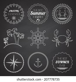 Set of 9 circle summer icons, labels, badges, frames and borders on the chalkboard background