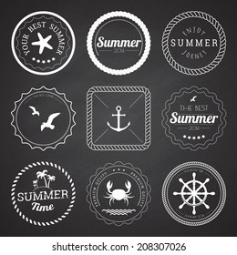 Set of 9 circle summer icons, labels, badges, frames and borders on the chalkboard background