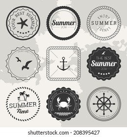 Set of 9 circle summer icons, labels, badges, frames and borders on the chalkboard background