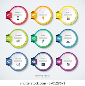 Set of 9 circle templates for infographics. Colorful vector banners. Can be used for workflow layout, report, number and step options, web design.