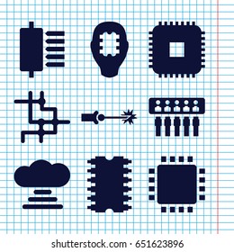 Set of 9 circuit filled icons such as cpu, electric circuit, cpu, cpu in head, cloud connection