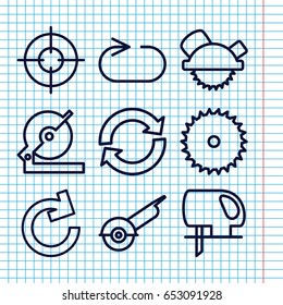 Set of 9 circular outline icons such as blade saw, circular saw, reload replay, sniper target