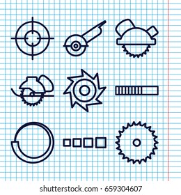 Set of 9 circular outline icons such as blade saw, saw blade, sniper target