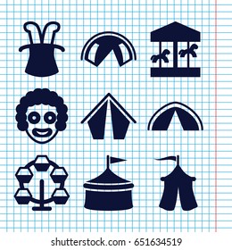 Set of 9 circus filled icons such as tent, magic hat, carousel, circus