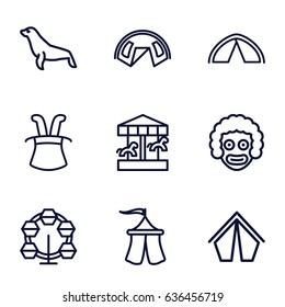 Set of 9 circus outline icons such as seal, tent, magic hat, carousel