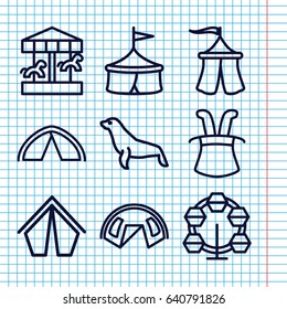 Set of 9 circus outline icons such as seal, tent, magic hat, carousel
