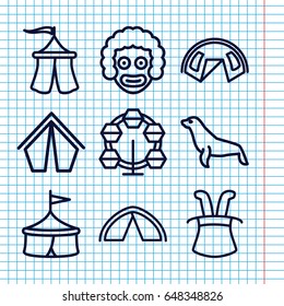 Set of 9 circus outline icons such as seal, tent, magic hat, carousel, circus