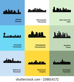 Set of 9 City silhouette (Baltimore, Knoxville, Houston, Philadelphia, Minneapolis, Salt Lake City, Richmond, Atlanta, Annapolis)