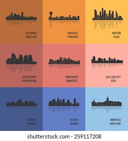 Set of 9 City silhouette (Baltimore, Knoxville, Houston, Philadelphia, Minneapolis, Salt Lake City, Richmond, Atlanta, Annapolis)