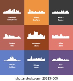 Set of 9 City silhouette (Detroit, Reno, Chicago, Wichita, Pittsburgh, Boise, Albany, Dayton, Indianapolis)