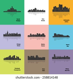 Set of 9 City silhouette (Detroit, Reno, Chicago, Wichita, Pittsburgh, Boise, Albany, Dayton, Indianapolis)