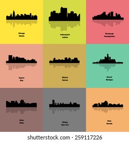 Set of 9 City silhouette (Detroit, Reno, Chicago, Wichita, Pittsburgh, Boise, Albany, Dayton, Indianapolis)