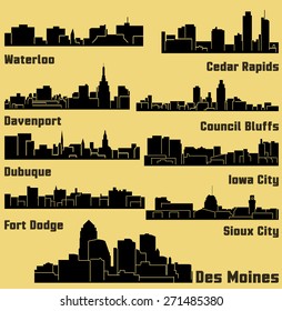 Set of 9 City silhouette in Iowa (Des Moines, Dubuque, Davenport, Cedar Rapids, Iowa City, Sioux City, Waterloo, Fort Dodge, Council Bluffs )