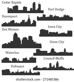 Set of 9 City silhouette in Iowa (Des Moines, Dubuque, Davenport, Cedar Rapids, Iowa City, Sioux City, Waterloo, Fort Dodge, Council Bluffs )