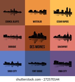 Set of 9 City silhouette in Iowa (Des Moines, Dubuque, Davenport, Cedar Rapids, Iowa City, Sioux City, Waterloo, Fort Dodge, Council Bluffs )