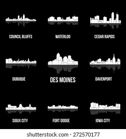 Set of 9 City silhouette in Iowa (Des Moines, Dubuque, Davenport, Cedar Rapids, Iowa City, Sioux City, Waterloo, Fort Dodge, Council Bluffs )